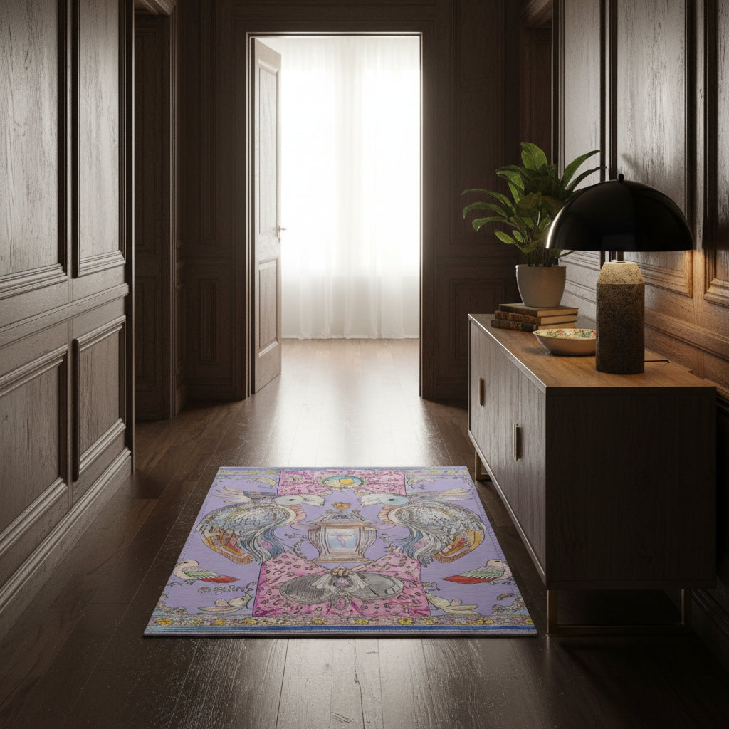 Decorative towel with birds and lantern design on a purple background