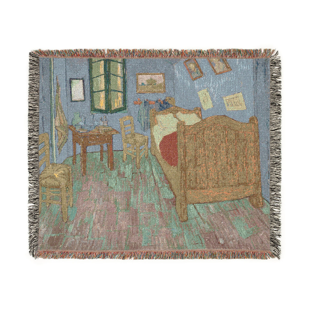 A woven throw blanket featuring Van Gogh's 'Bedroom' painting, with fringed edges, shown against a plain white background.