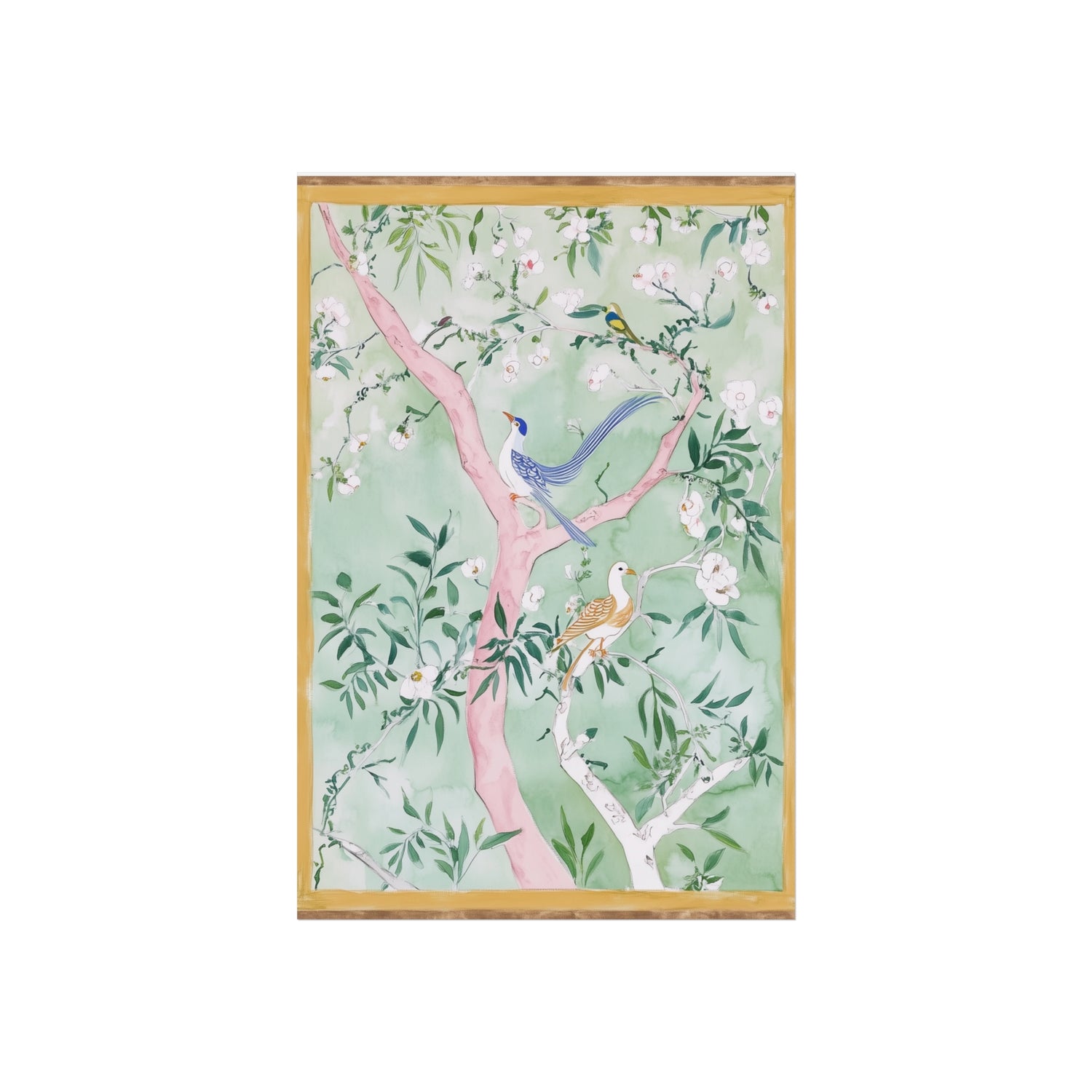 Green Chinoiserie Birds and Floral Scene Fine Art Poster