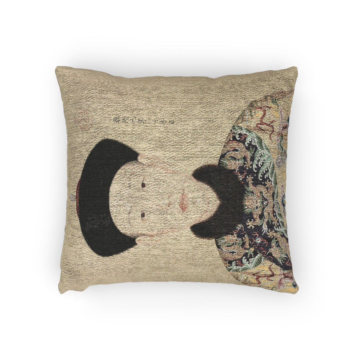 A square decorative throw pillow featuring a stylized Japanese woman's face and hair in a textured beige fabric, shown against a plain white background.