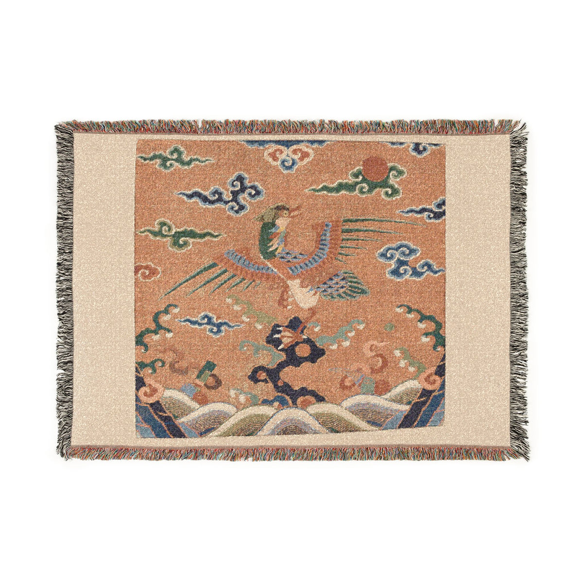 A square woven textile with fringe on all sides, featuring a central traditional motif of a bird among clouds and waves on a peach background, surrounded by a beige border.