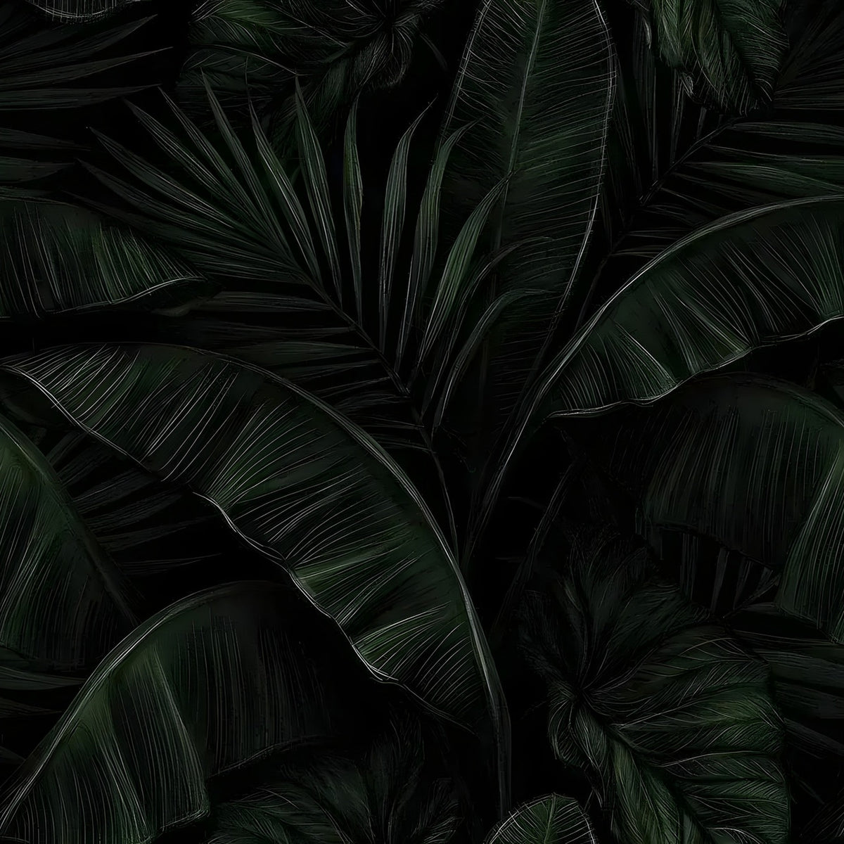 Dark tropical wallpaper — dense dark green banana leaves and palm fronds, overlapping all-over pattern, near-black background