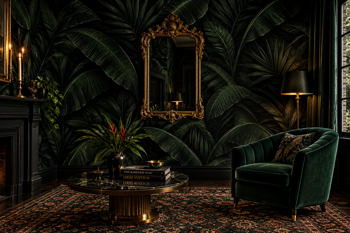 Dramatic Dark Tropical Palm and Banana Leaves Wallpaper - II