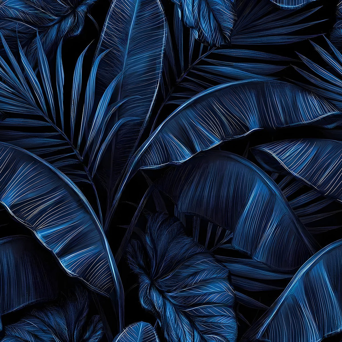 Electric blue tropical wallpaper with overlapping banana leaves and palm fronds in deep indigo tones