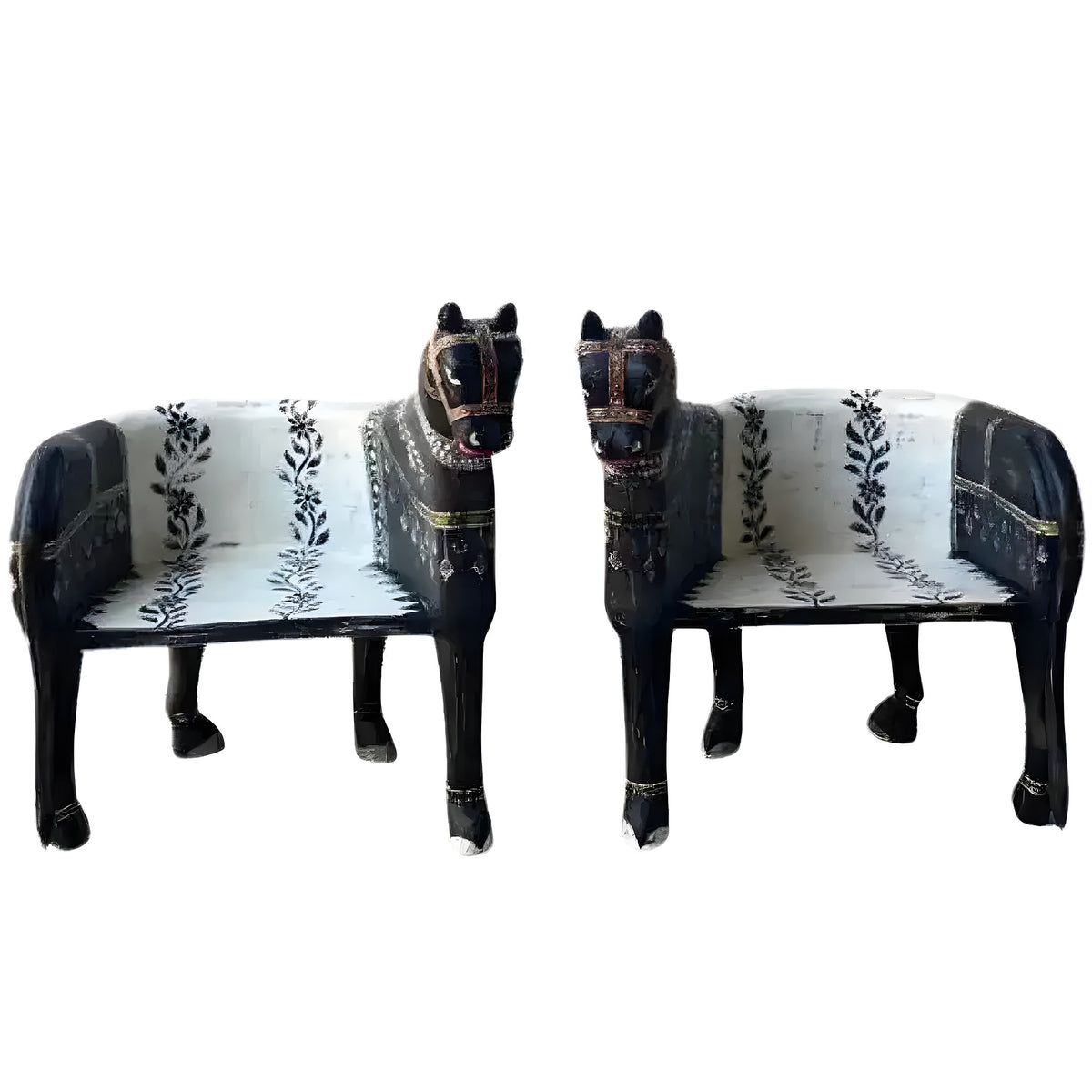 Pair of Wooden Horse Maharaja Chairs — black lacquered carved wood with white floral-embroidered seat, front view.