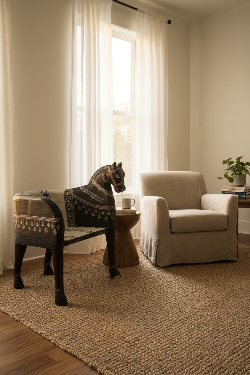A styled living room corner featuring a beige slipcovered armchair, a decorative horse-shaped bench with a knit patterned throw, a round wooden side table with a mug, and a large textured jute rug on a wood floor.