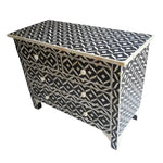 Midnight Opulence Bone Inlay 4 Drawers Chest in black with all-over cream geometric diamond eye inlay pattern and bone knobs.