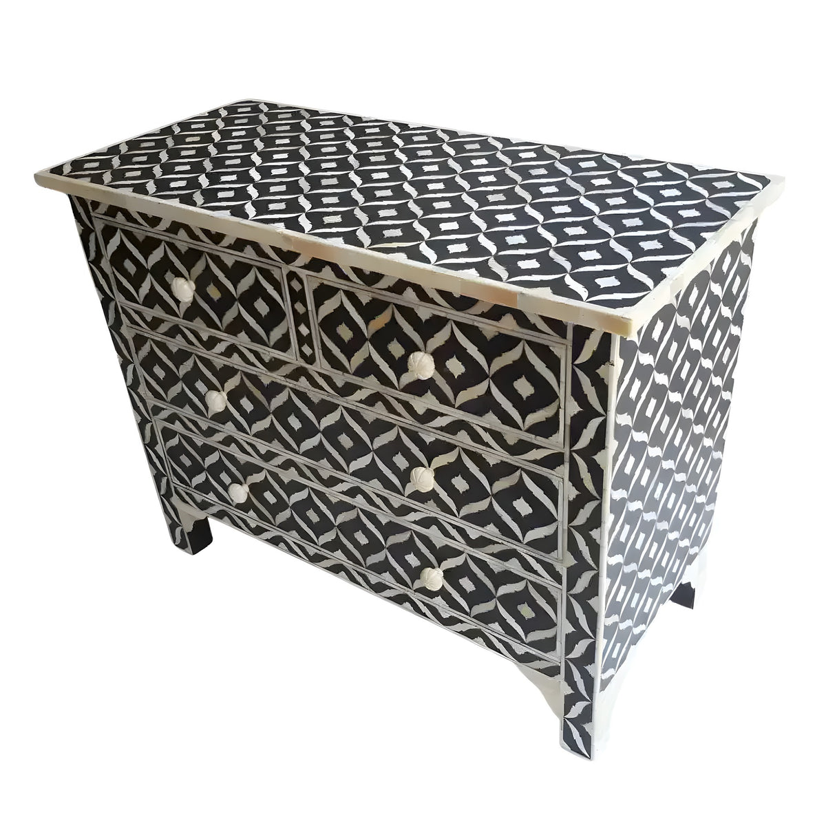 Midnight Opulence Bone Inlay 4 Drawers Chest in black with all-over cream geometric diamond eye inlay pattern and bone knobs.