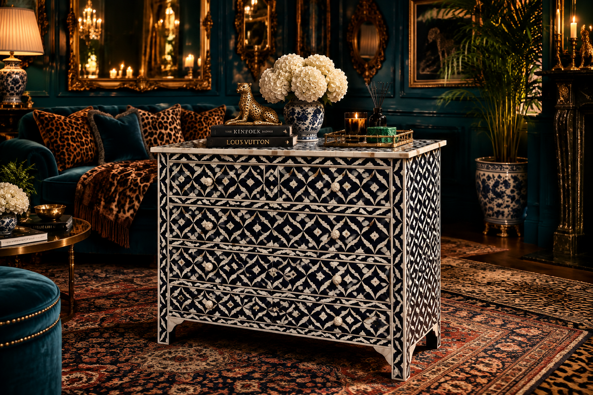 Midnight Opulence Bone Inlay 4 Drawers Chest