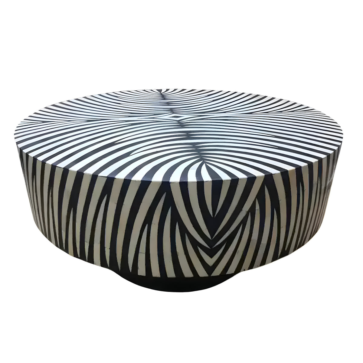 Zebra Harmony bone inlay round coffee table — black and white zebra-stripe inlay radiating from center, white background.