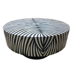 Zebra Harmony bone inlay round coffee table — black and white zebra-stripe inlay radiating from center, white background.