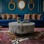 Zebra Harmony Bone Inlay Round Coffee Table styled in a room setting