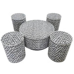 Geometric Harmony bone inlay round coffee table with four matching cylindrical ottomans; black and white geometric inlay pattern