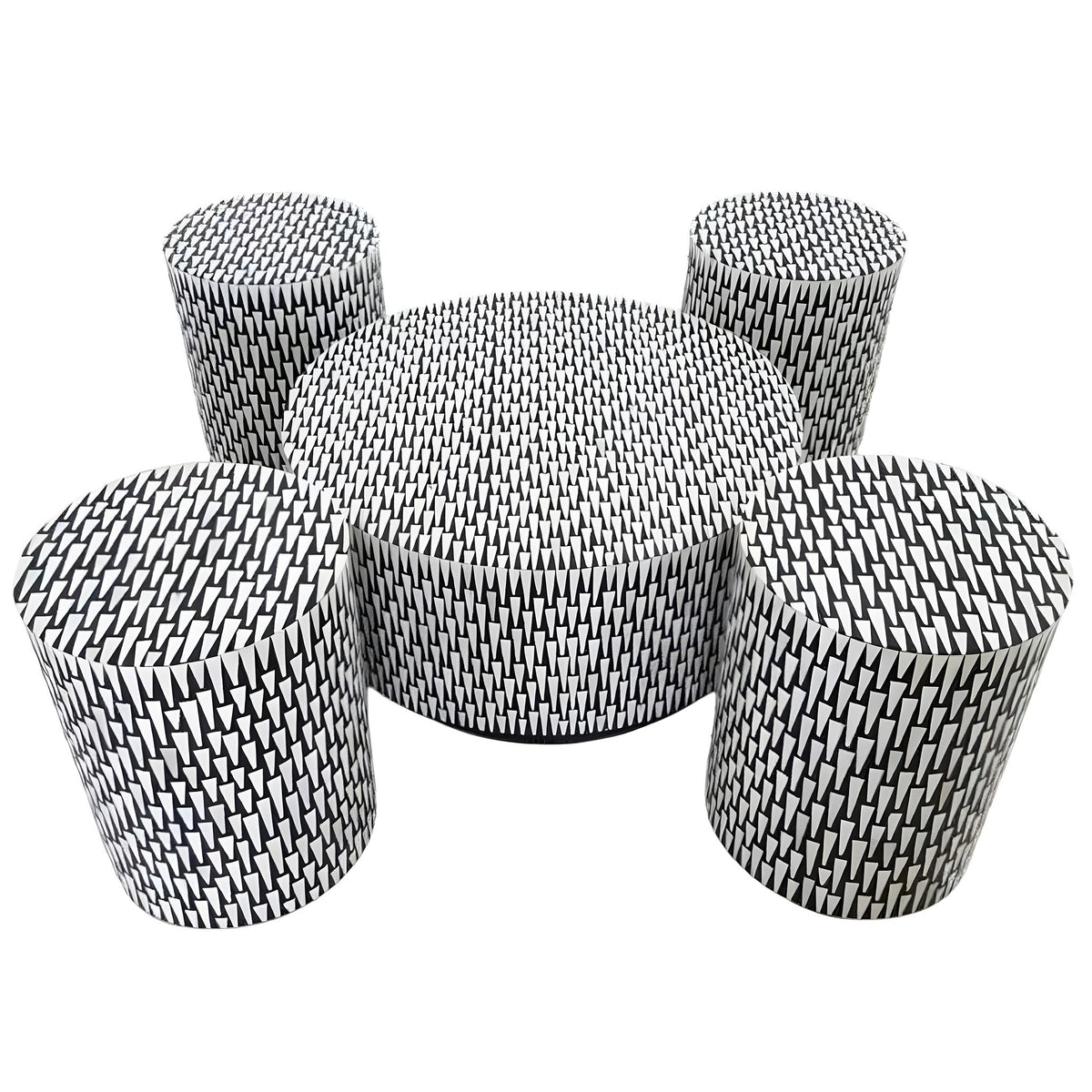 Geometric Harmony bone inlay round coffee table with four matching cylindrical ottomans; black and white geometric inlay pattern