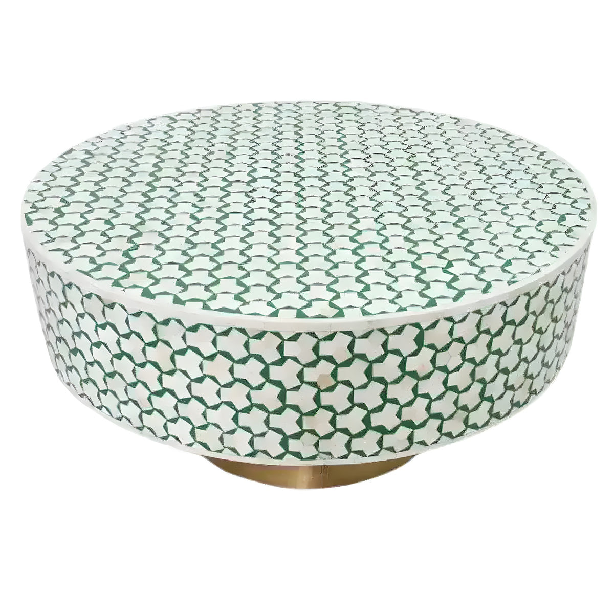 Taruga bone inlay coffee table with white and forest green star geometric mosaic top and sides on a brass pedestal base