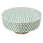 Taruga bone inlay coffee table with white and forest green star geometric mosaic top and sides on a brass pedestal base