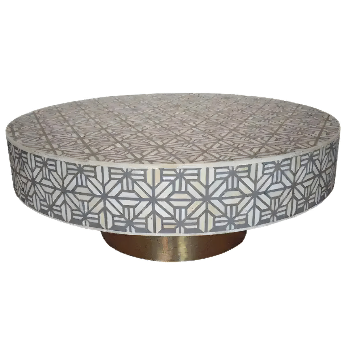 Grey spider bone inlay coffee table, round low form with grey and cream geometric star lattice, brass pedestal base
