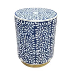 Botanical Blue Bone Inlay coffee table — cylindrical drum shape, navy ground with white leaf-vine inlay, gold base