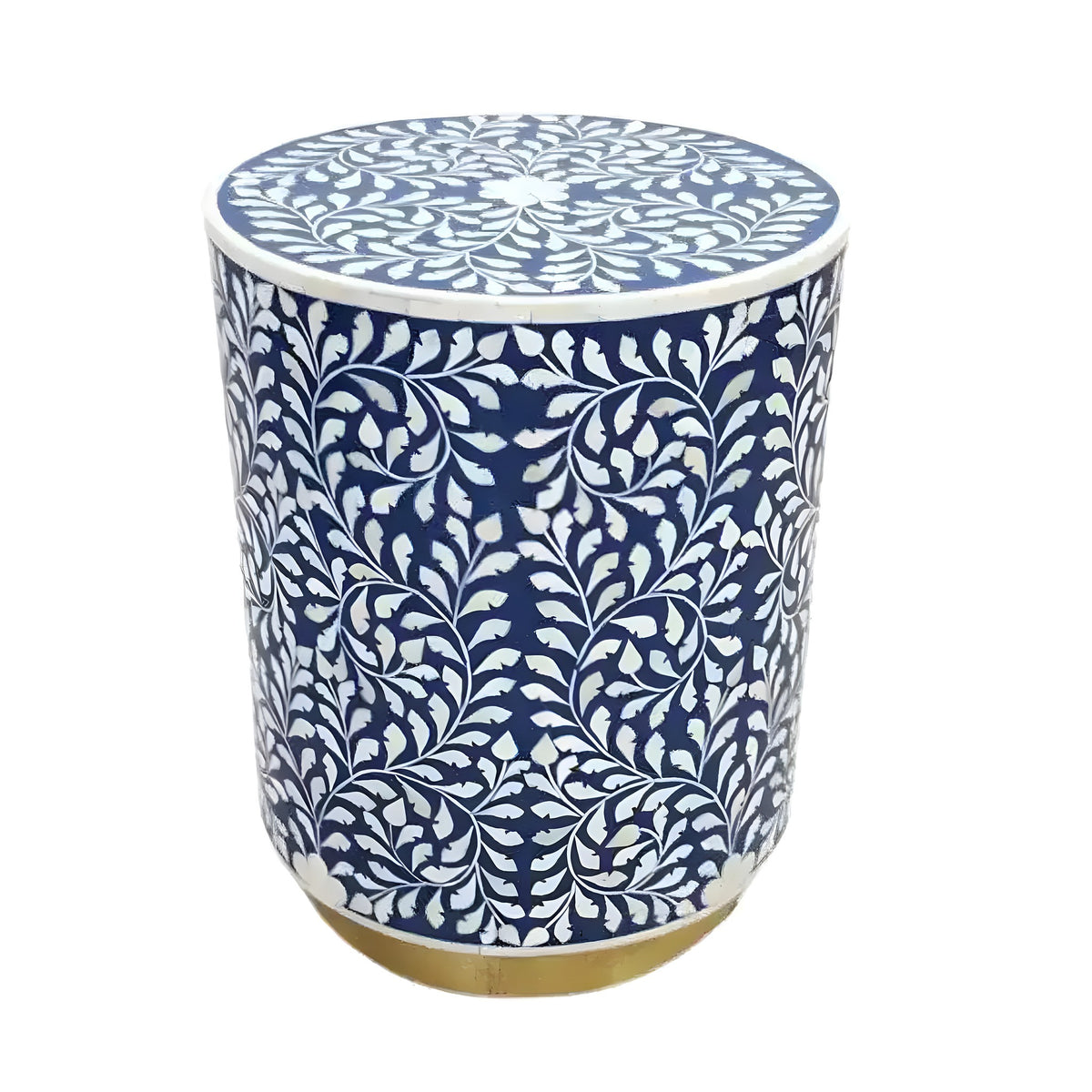 Botanical Blue Bone Inlay coffee table — cylindrical drum shape, navy ground with white leaf-vine inlay, gold base