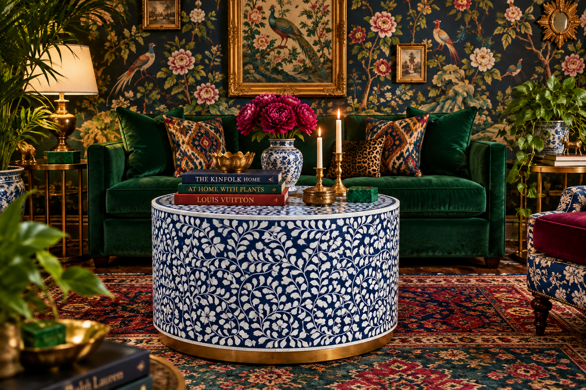 Botanical Blue Bone Inlay Coffee Table