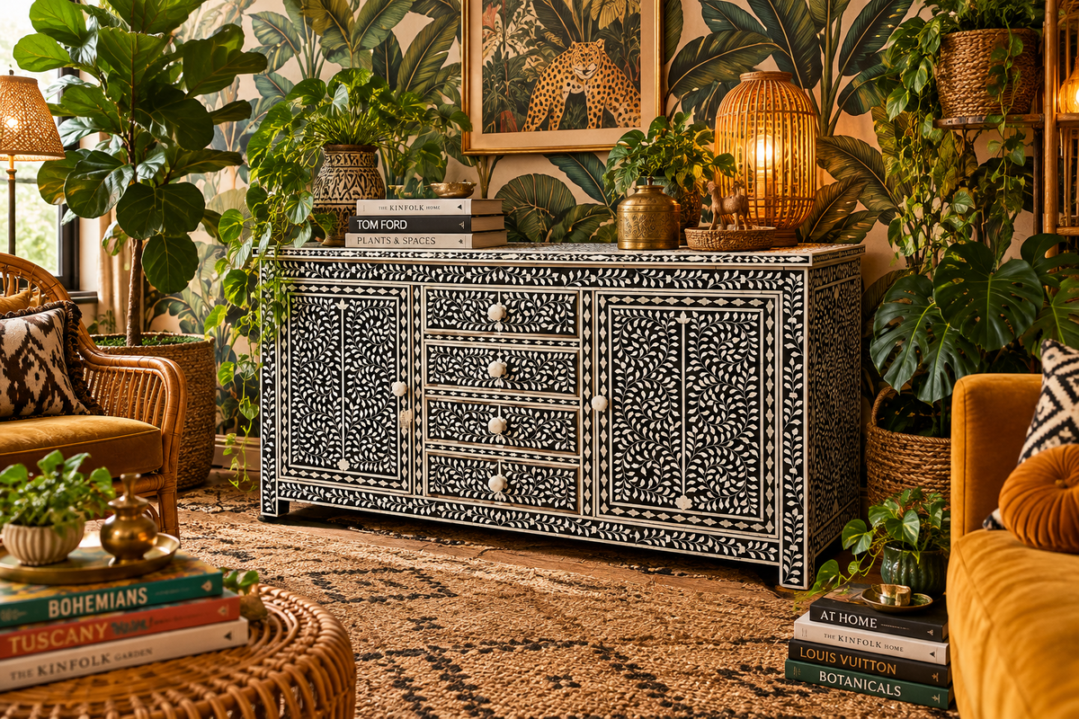 Moroccan Inspired Bone Inlay 6 Drawers Chest