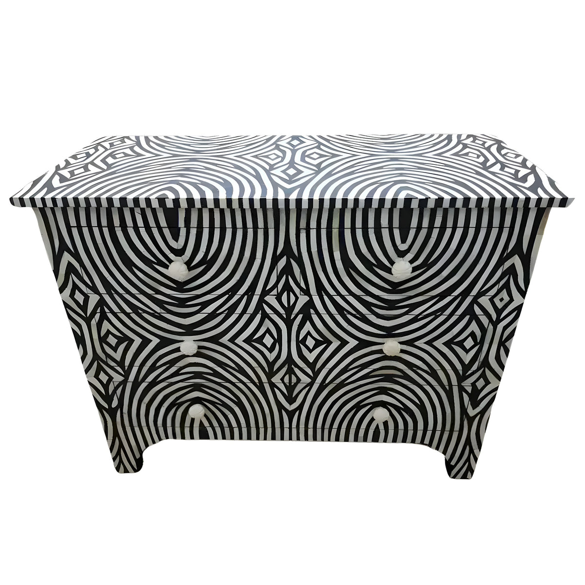 Zebra Noir Bone Inlay 6 Drawers Chest in black with swirling concentric arc stripe inlay pattern and round white bone knobs.