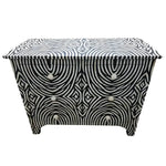 Zebra Noir Bone Inlay 6 Drawers Chest in black with swirling concentric arc stripe inlay pattern and round white bone knobs.