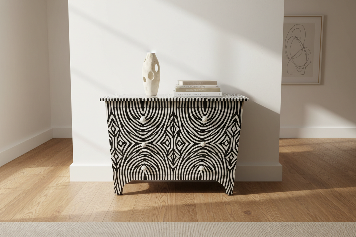 A black and white patterned sideboard cabinet with a white marble top, styled with a ceramic vase and books in a minimalist room with light wood floors.