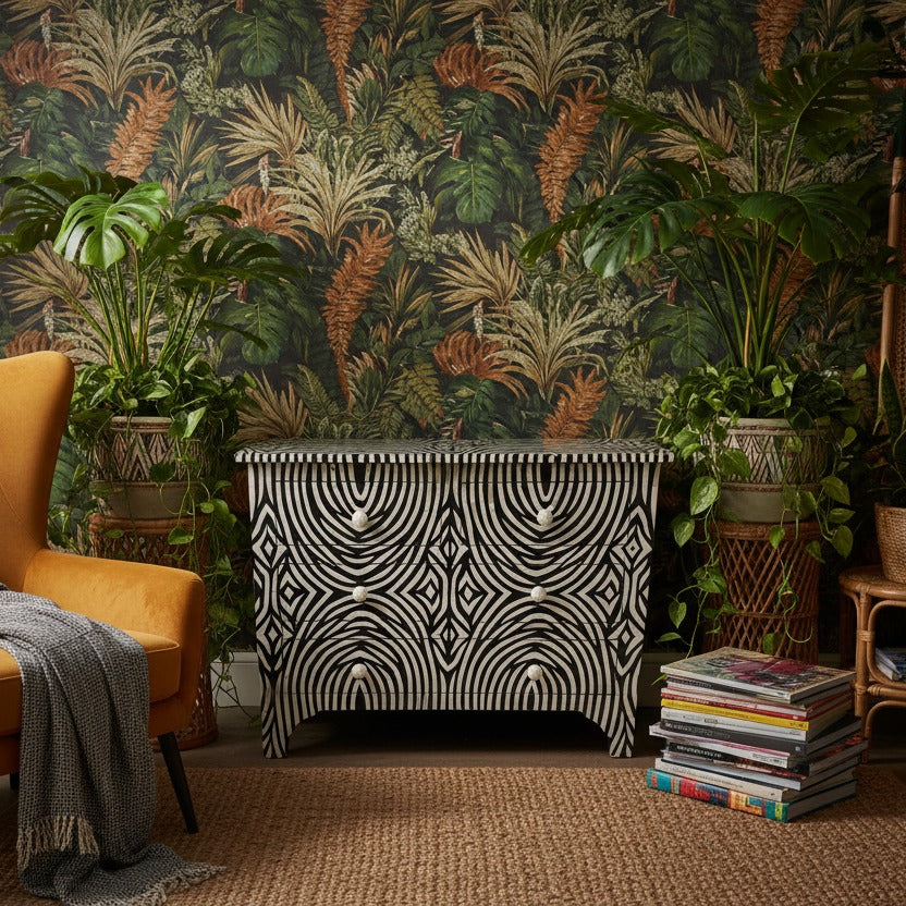 Zebra Noir Bone Inlay 6 Drawers Chest styled in a room setting