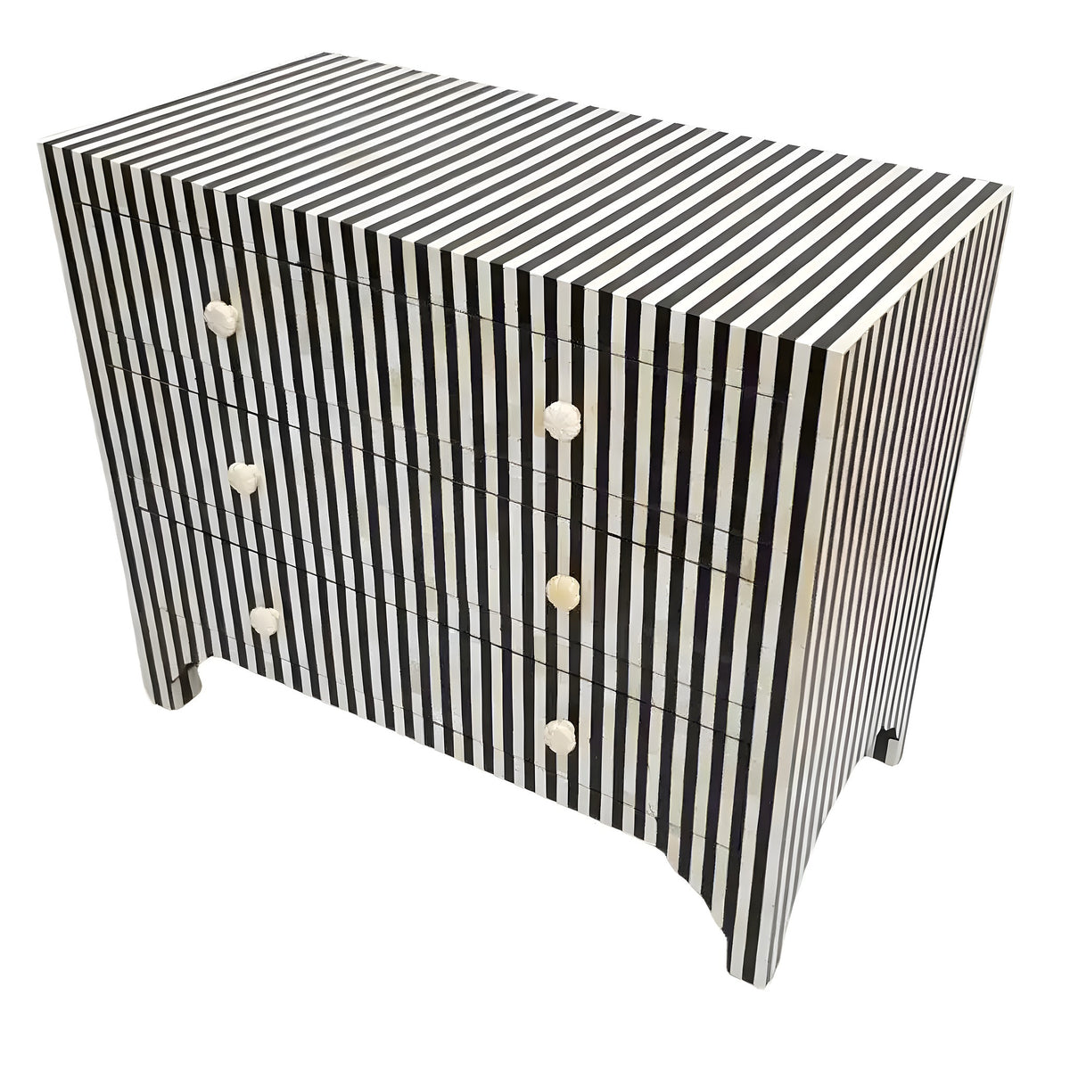 Chic Lines 3 Drawers Chest — black and white vertical stripe bone inlay chest with three drawers and round bone knobs.