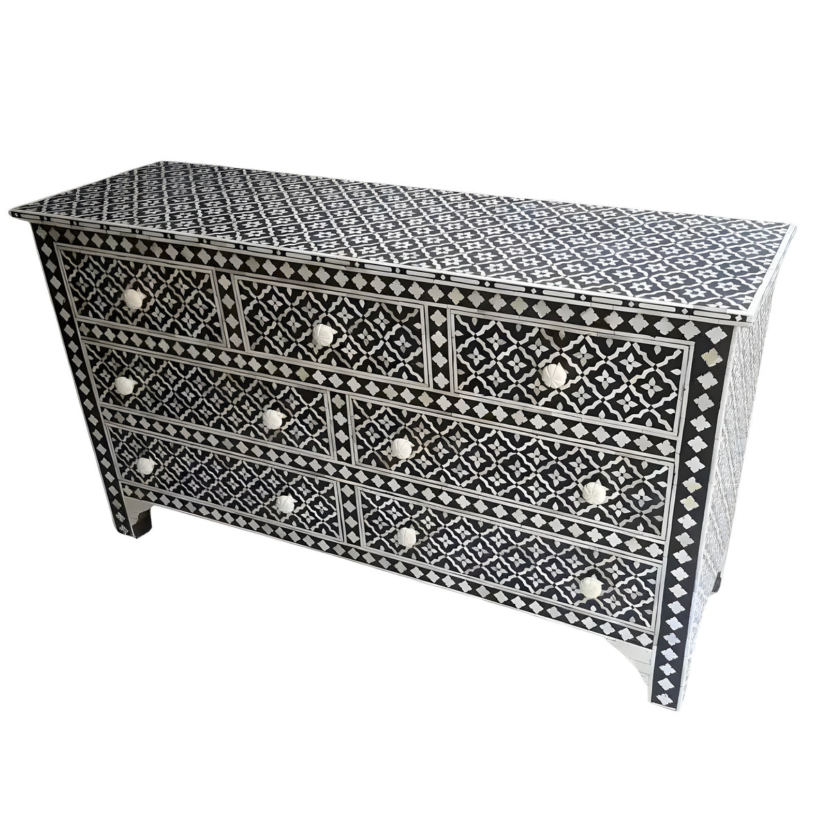 Moroccan Nights bone inlay 7-drawer dresser; black with dense white floral diamond lattice pattern and round bone knobs