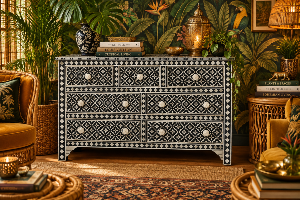 Moroccan Nights Bone Inlay 7 Drawers Dresser
