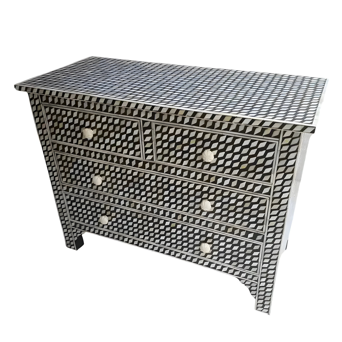 Midnight monochrome bone inlay 4 drawers chest with black and white 3D cube geometric pattern and round bone knob handles