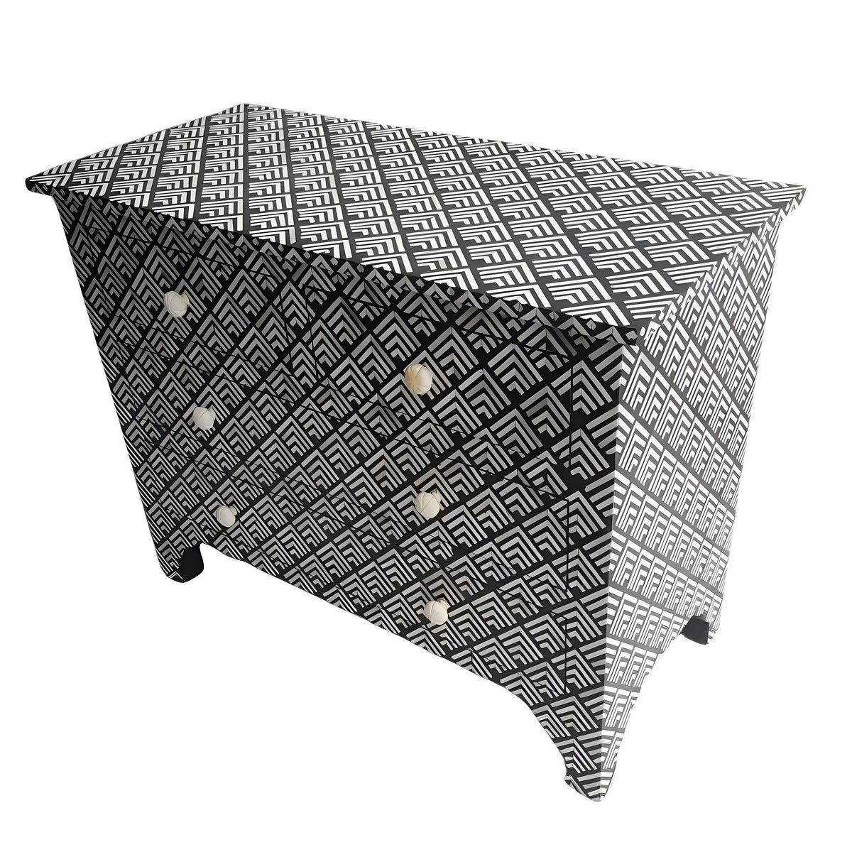Arrow essence bone inlay chest of drawers with black and white chevron arrow pattern and bone knob handles