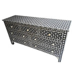 Pearl inlay 7-drawer chest — black ground with white geometric star and diamond mother-of-pearl inlay, white background
