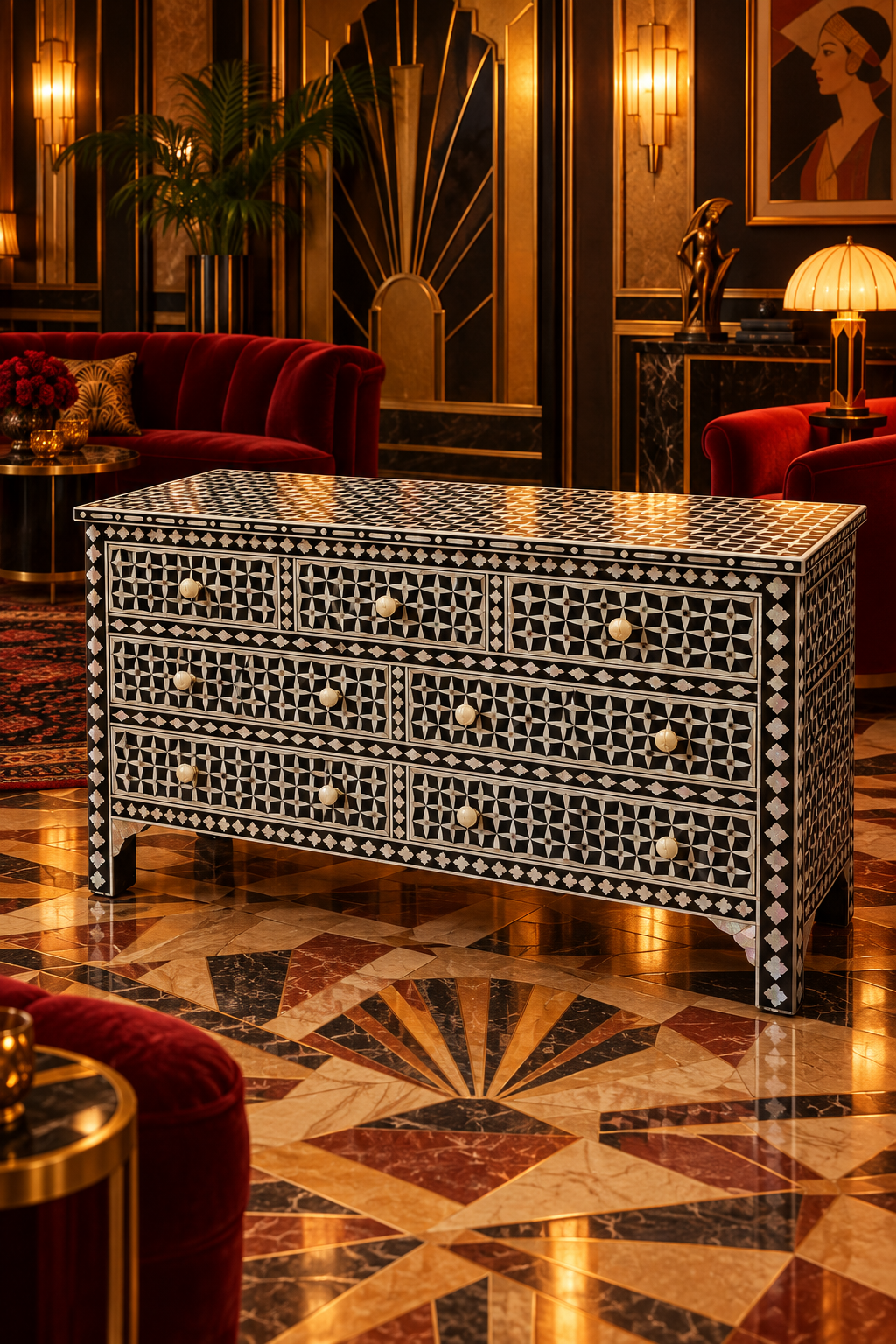 Stellar Elegance Mother of Pearl Inlay 7 Drawers Chest
