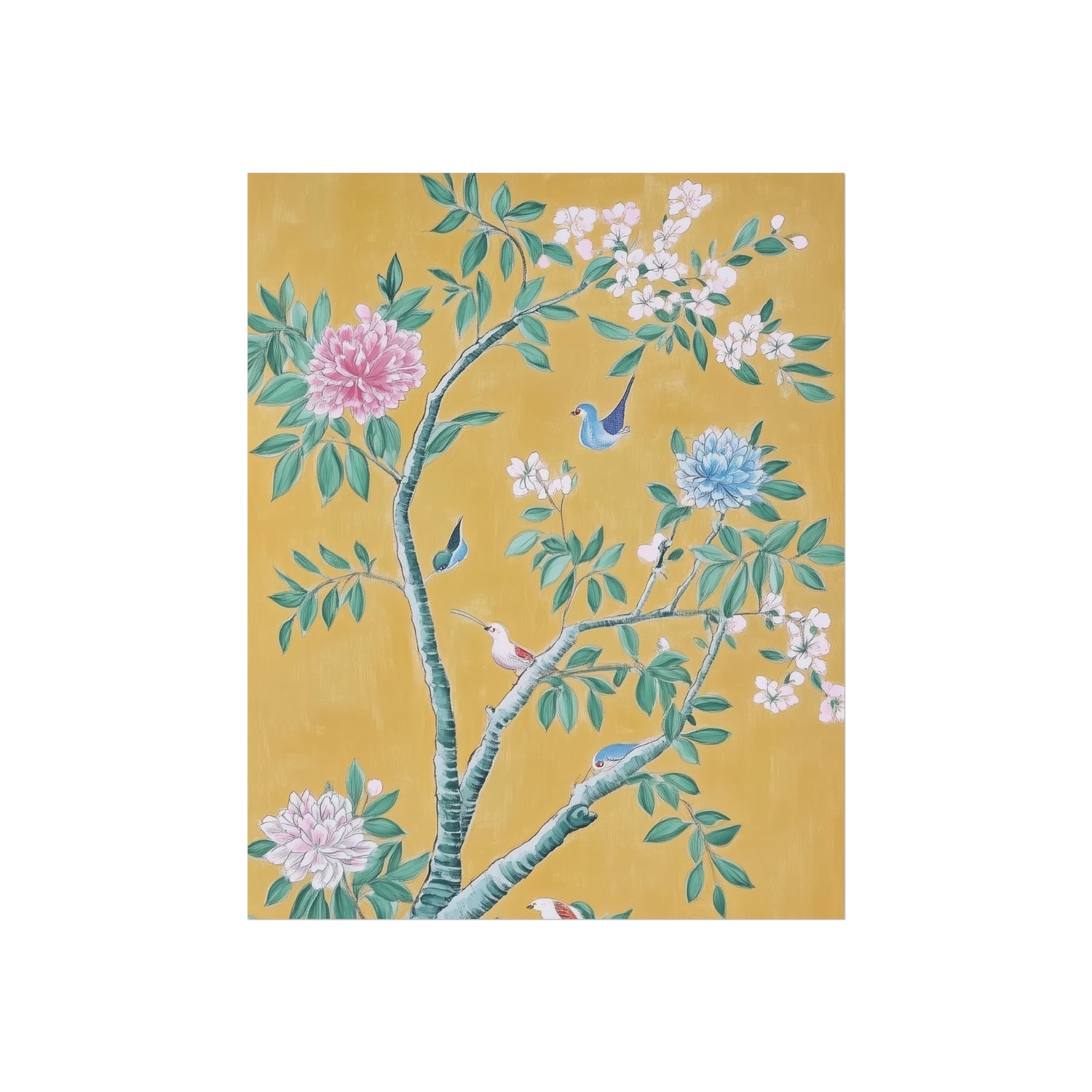 Golden Chinoiserie Birds and Floral Scene Fine Art Poster