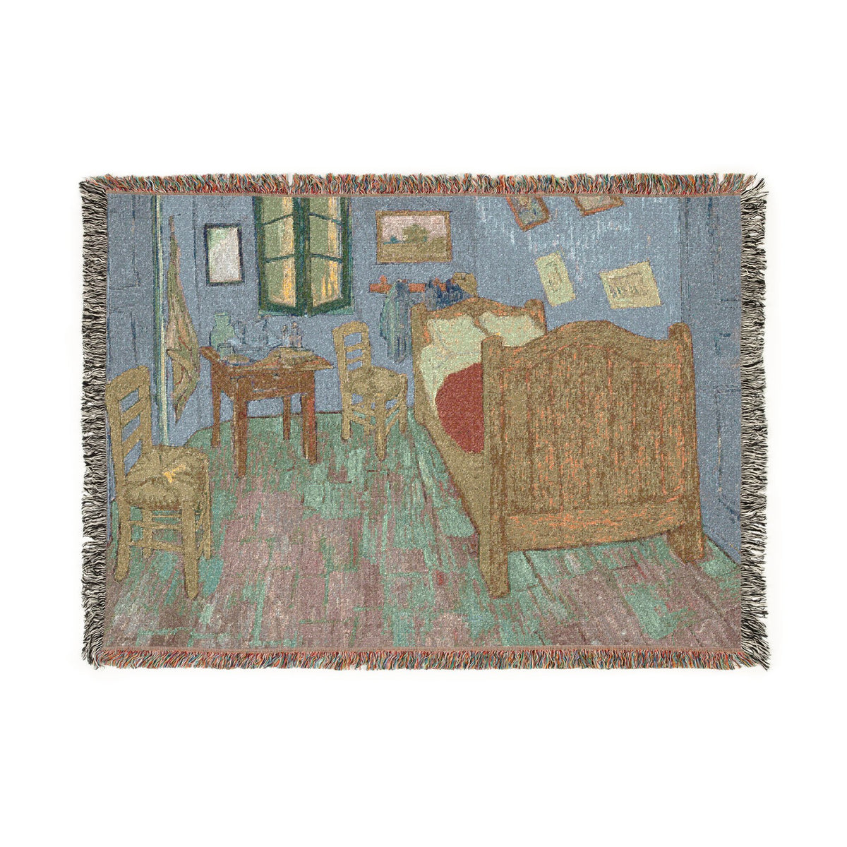 A woven throw blanket featuring Vincent van Gogh's 'Bedroom' painting, shown flat against a solid white background.
