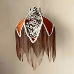 Wild Flower velvet lampshade in burnt orange tulip shape with long chain tassels, floral interior panel, and cream lace trim.