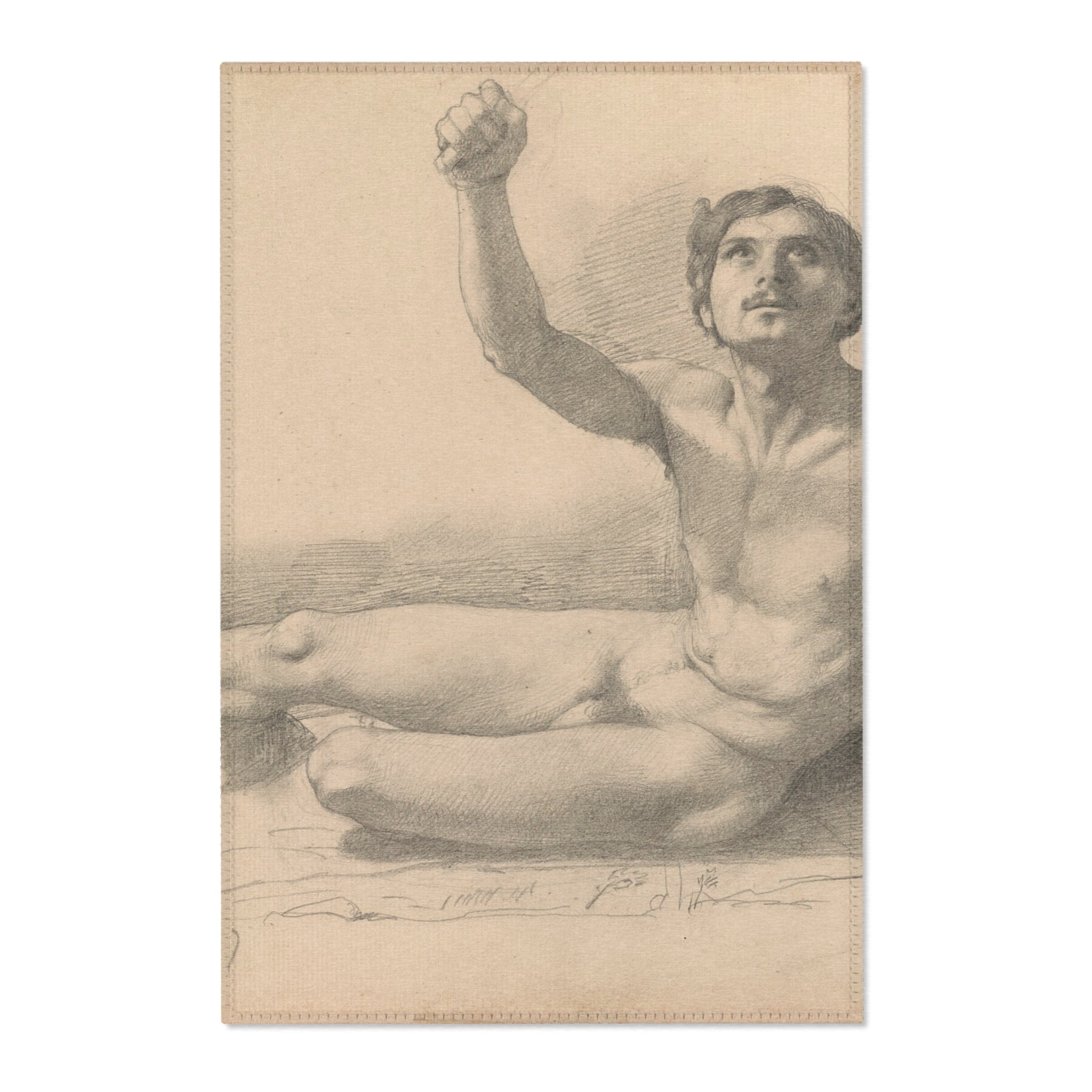 A monochrome art print or sketch showing a seated nude male figure with one arm raised, rendered in gray tones on a warm beige paper background, photographed against a white backdrop.