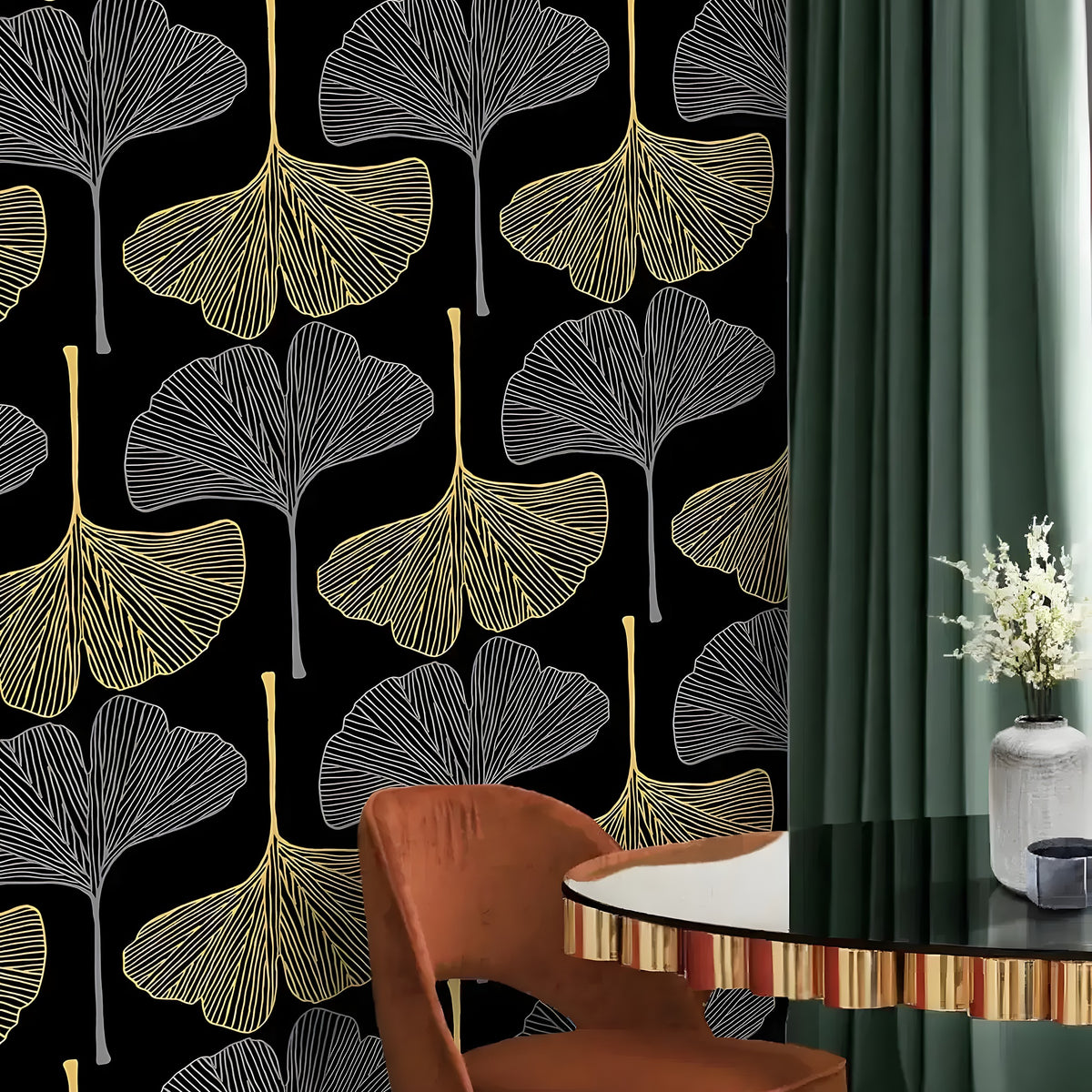 Golden Gingko Grove Wallpaper of gold and grey leaves on black with rust chair and green drape