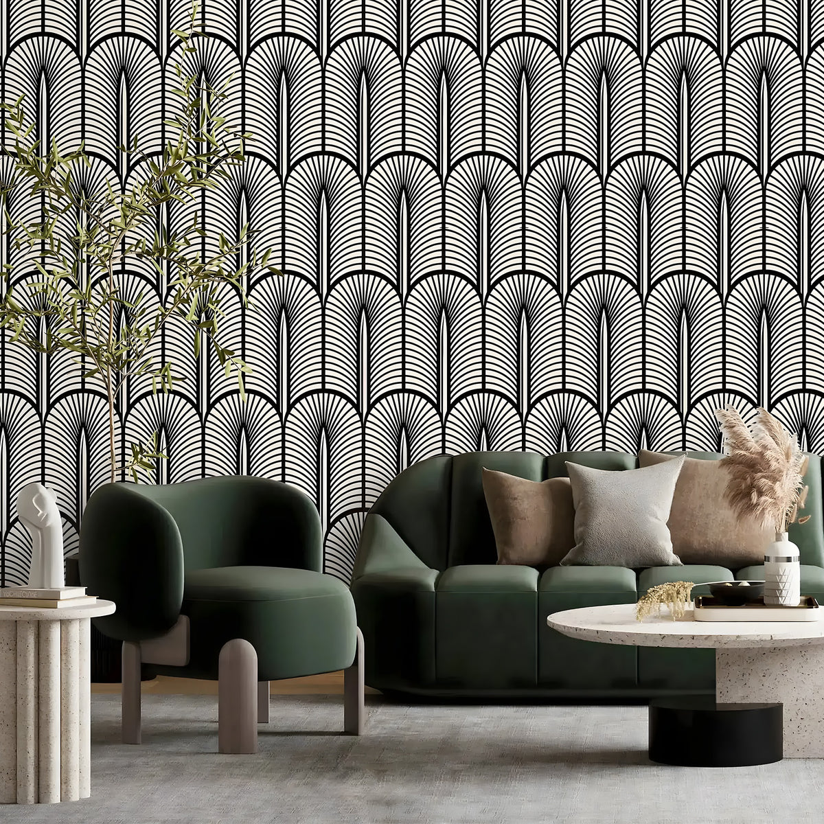 Monochrome Deco Elegance wallpaper of arched fan motifs in black and cream behind a green sofa