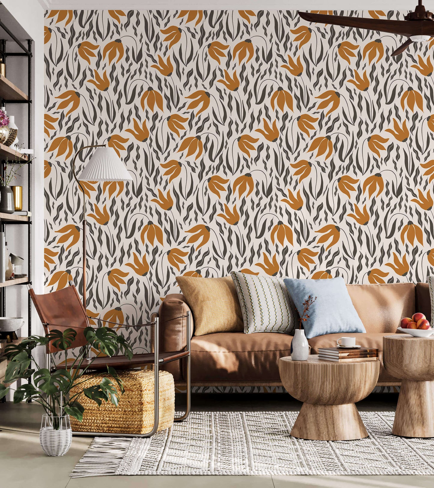 Orange Blossom Symphony Wallpaper: Bring a burst of vibrant energy into your space with this captivating design, where orange blossoms dance in a symphony of color, creating a lively and enchanting ambiance.