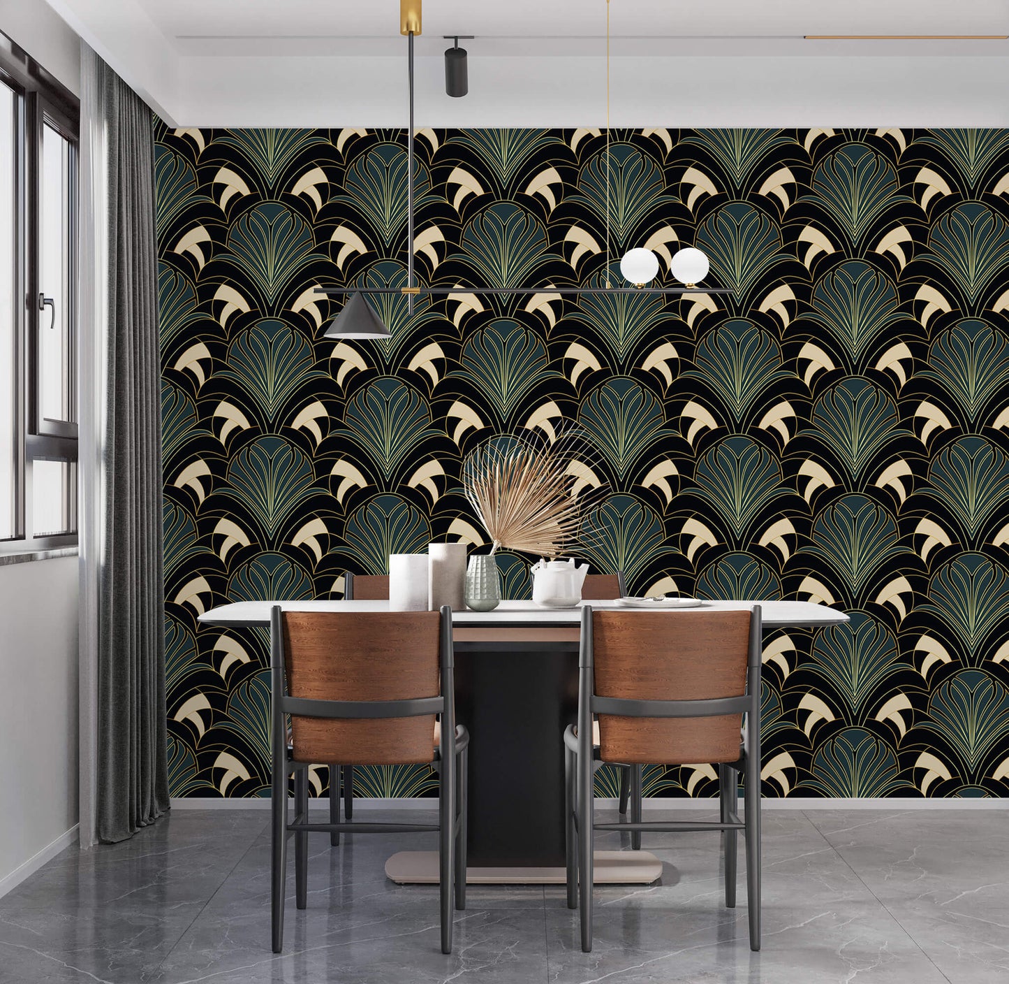 Enchanted Foliage: Art Deco Greenery in Black Gold Wallpaper: Infuse your space with the allure of the Jazz Age with this enchanting design, featuring lush foliage in black and gold, evoking the sophistication and glamour of the Art Deco era.