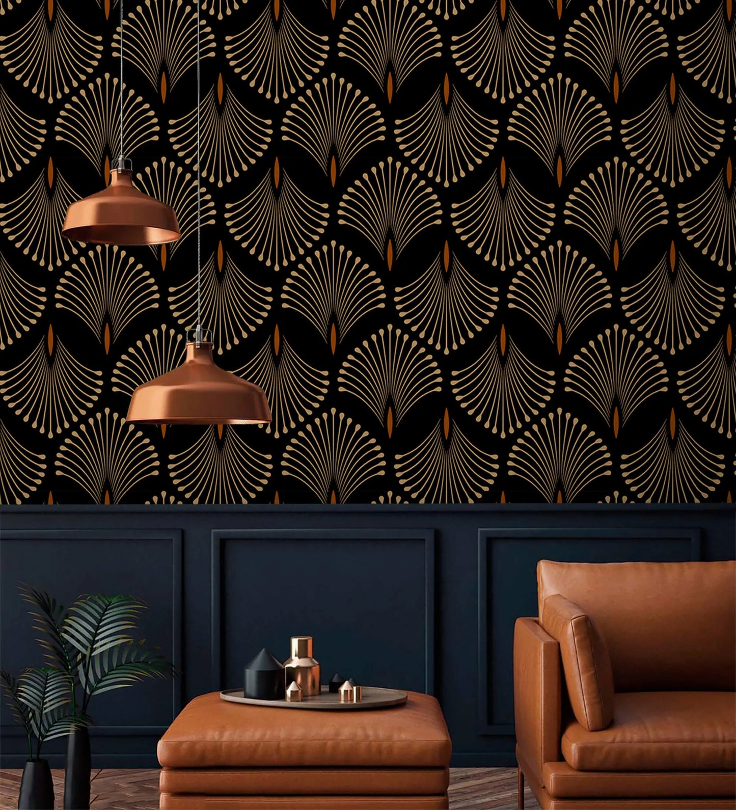 Golden Petal Symphony Art Deco Wallpaper: Elevate your space with opulent elegance using this sophisticated design, where golden petals dance in an Art Deco-inspired symphony, adding a touch of glamour and luxury to any room.