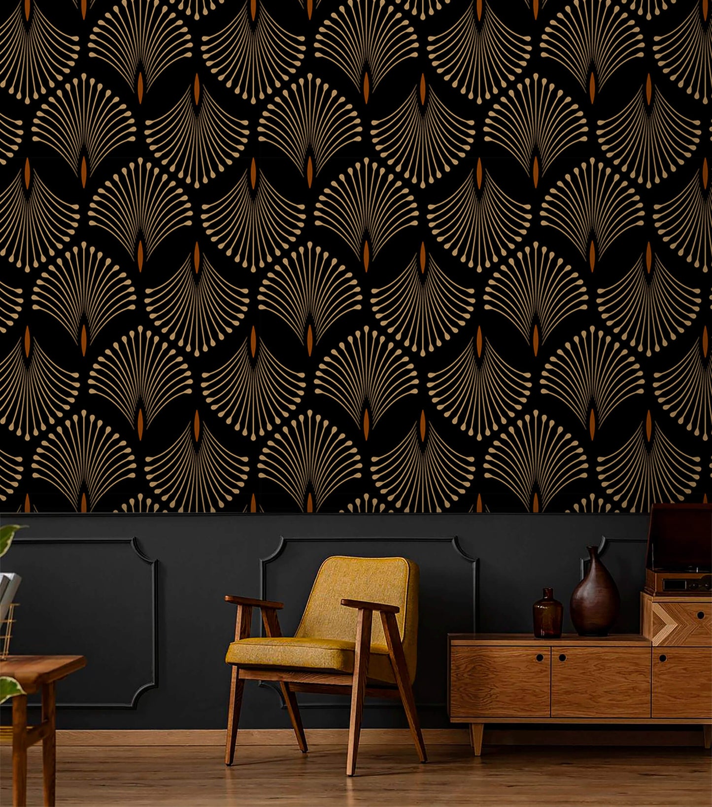 Golden Petal Symphony Art Deco Wallpaper: Elevate your space with opulent elegance using this sophisticated design, where golden petals dance in an Art Deco-inspired symphony, adding a touch of glamour and luxury to any room.