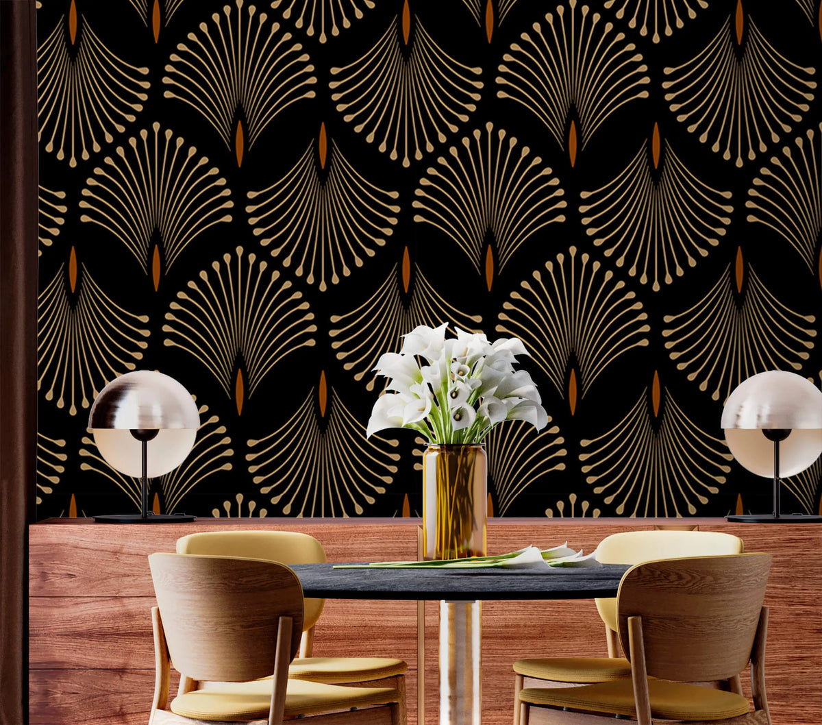 Golden Petal Symphony Art Deco Wallpaper