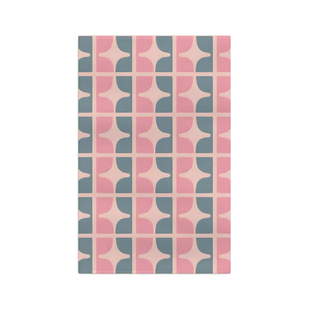 Pastel Garden kitchen towel, retro geometric pattern of dusty pink and slate blue curved tiles