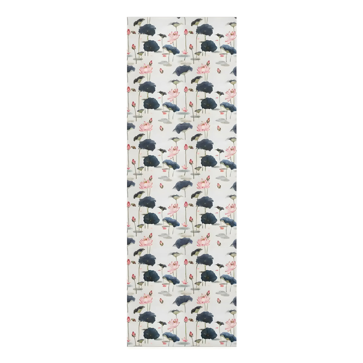 Lotus Reflection yoga mat, watercolor pink lotus blooms and navy lily pads scattered on cream