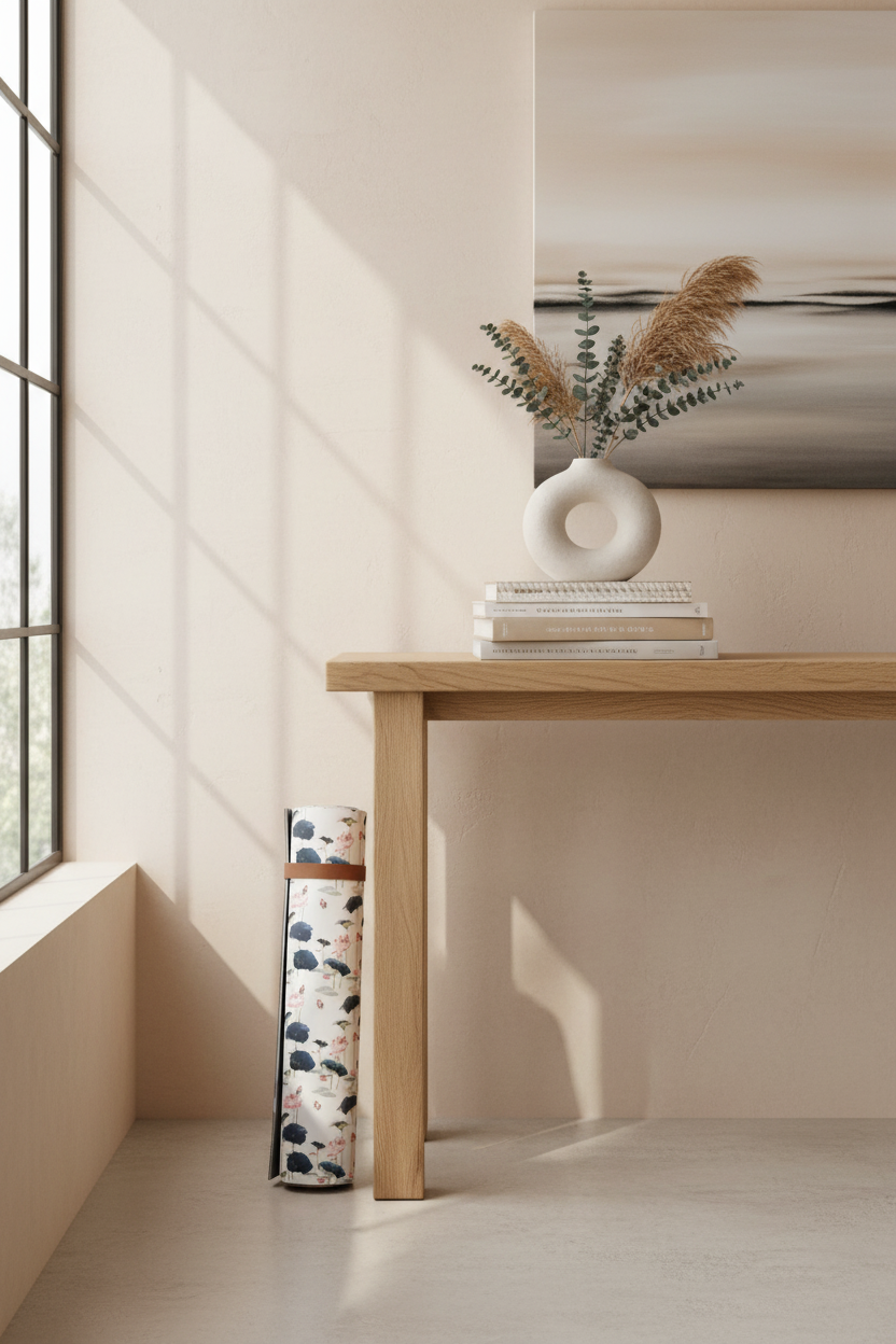 A rolled yoga mat with a black, white, and blue abstract pattern leans against a beige wall next to a wooden console table. The table holds a white vase with dried pampas grass and books, set in a sunlit room with soft window shadows.